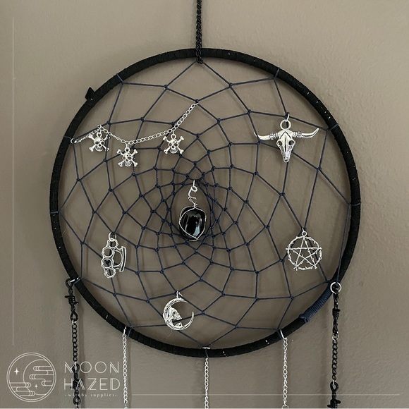 Punk Dreamcatcher with black obsidian hanging in the middle. - Picture 2 of 4